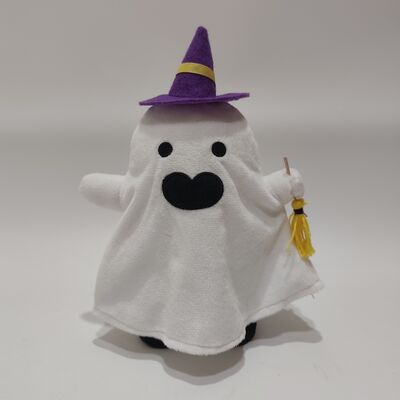 Những bóng ma trắng Halloween đeo mũ và mang chổi